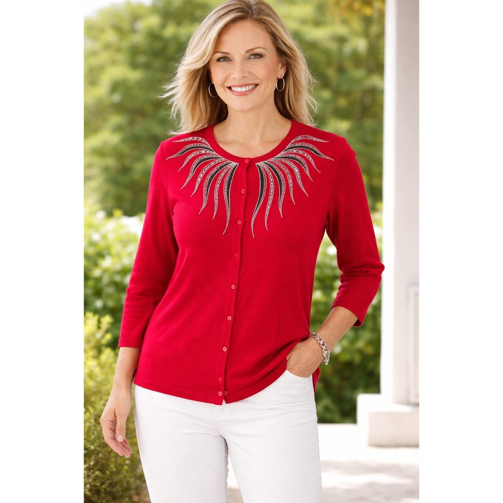 Bob Mackie Womens Cardigan Sweater Size‎ L Red Beaded Art To Wear